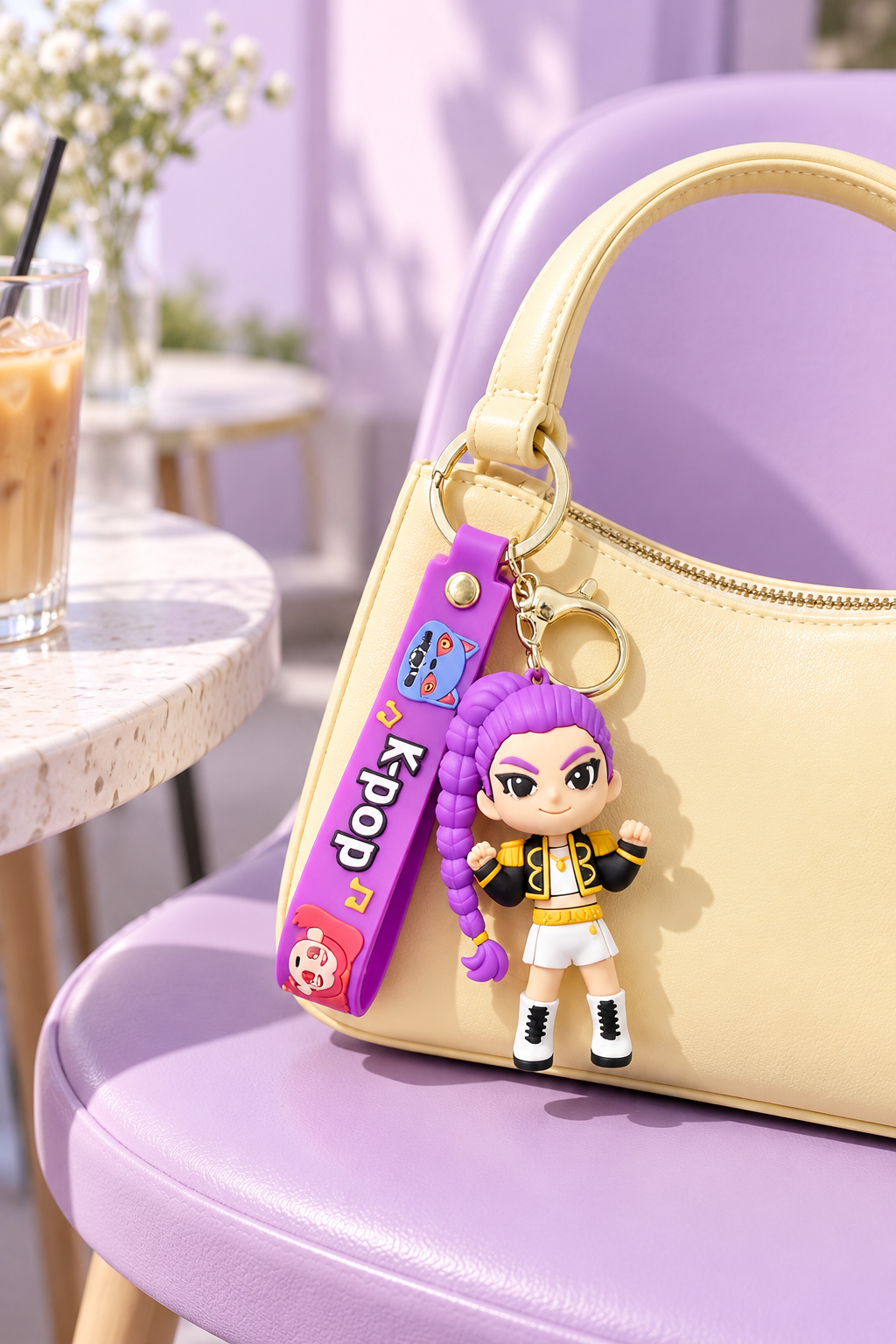 AI styled Rumi keychain attached to a pale yellow handbag