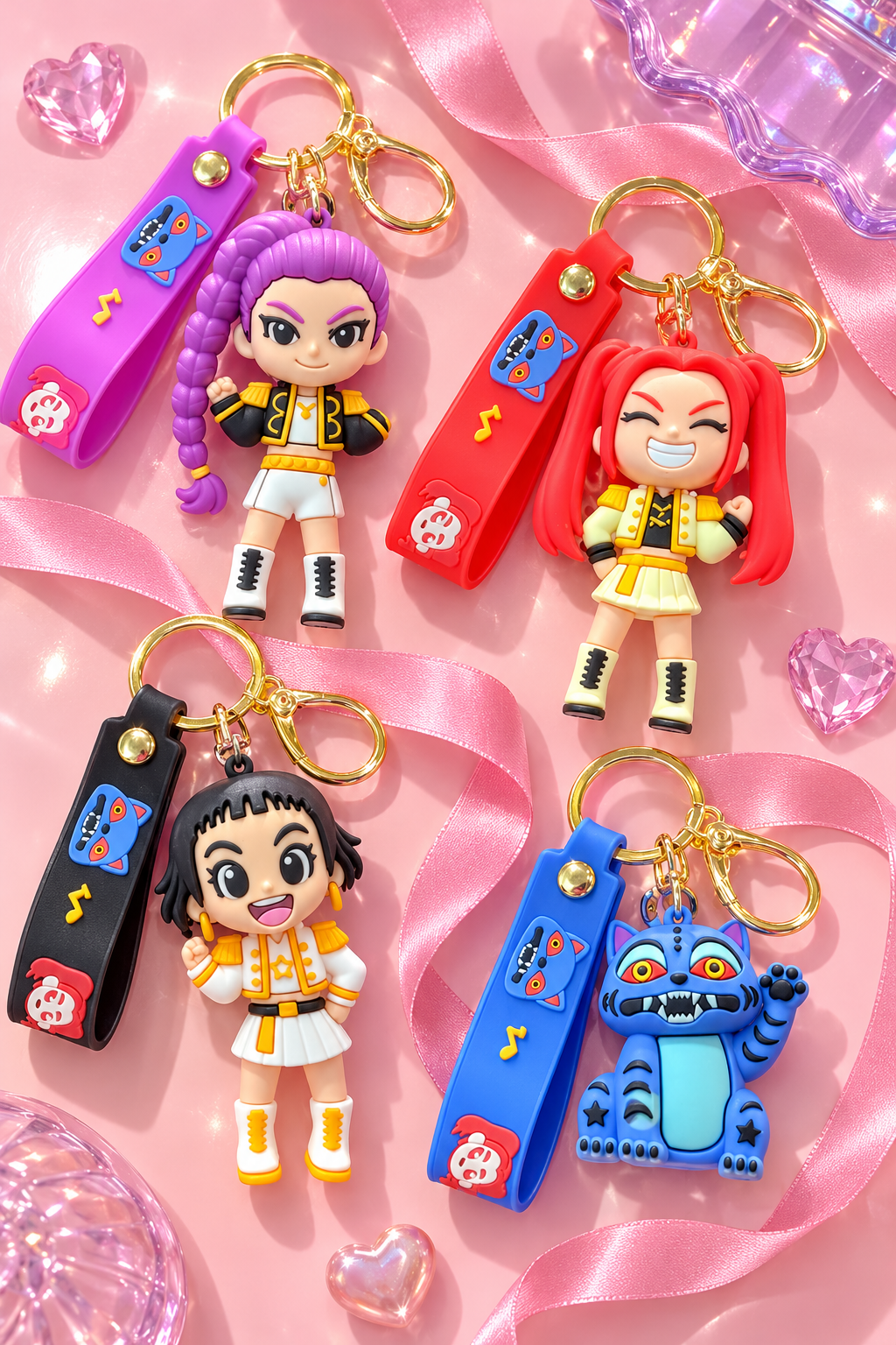 AI styled arrangement of four character keychains on a pink tabletop